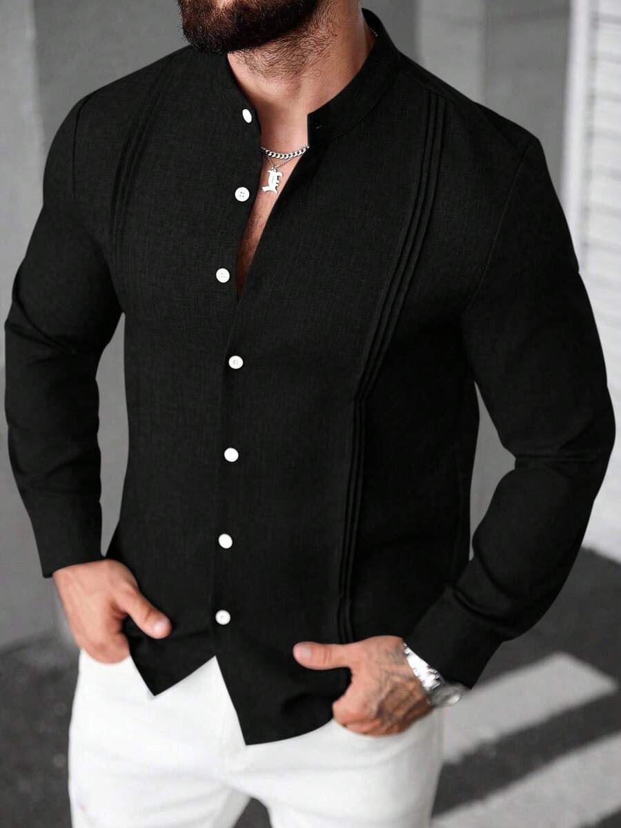 Manfinity CasualCool 男士黑色純色長袖百褶襯衫,休閒時尚奢華修身正裝襯衫,適合夏季夜晚,老錢風派對婚禮禮物,正式款 - 黑色 - 查看 1