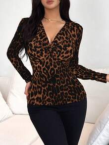 Rafferiza Women Deep V-Neck Long Sleeve Leopard Print & Knot Bust Gathering T-Shirt, Sexy & Elegant, Autumn Graphic Cheetah Print Tees Women Tops For Spring - Brown - View 4
