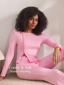 Ocili 休闲舒适罗纹前襟棉质荷叶边长袖上衣和裤子睡衣套装，女士时尚秋季舒适套装，秋冬服装 - 粉色 - 查看 1