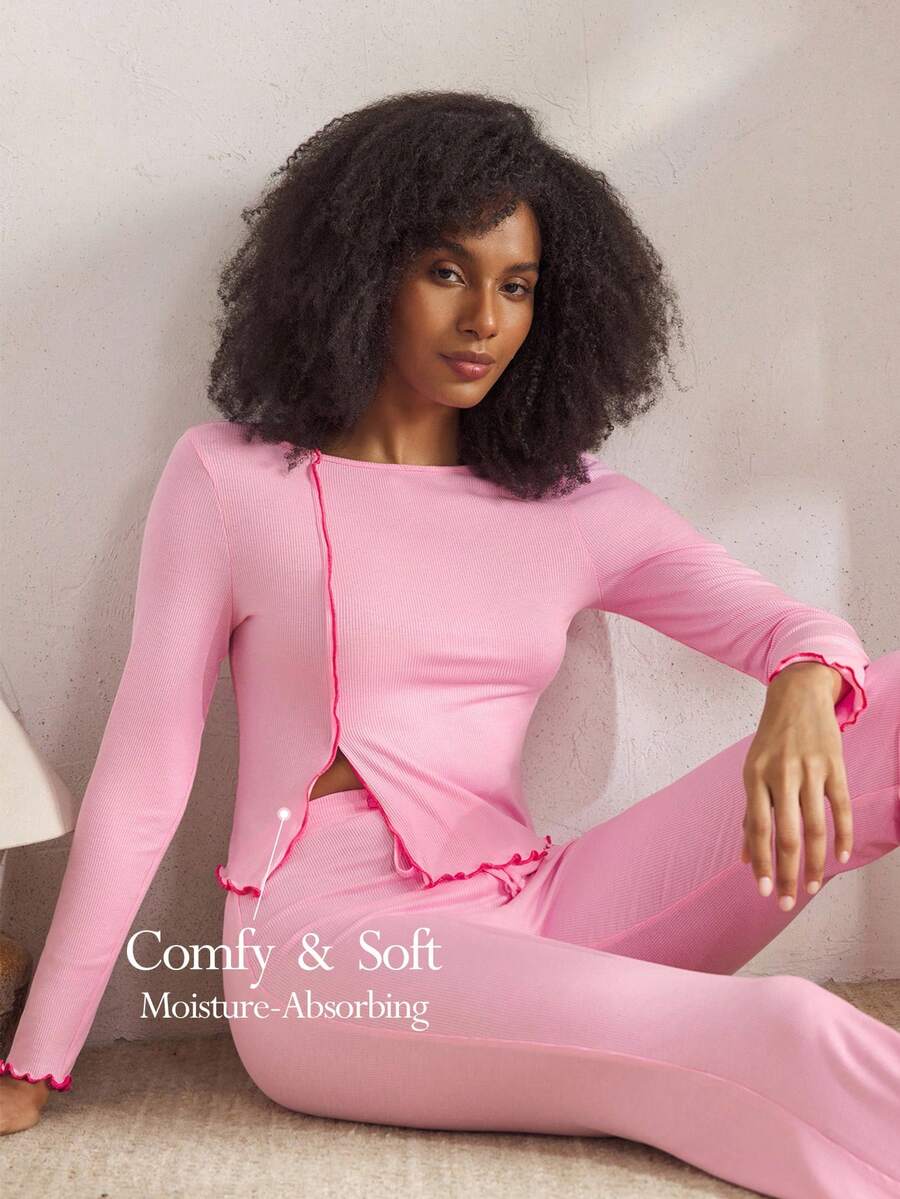 Ocili 休闲舒适罗纹前襟棉质荷叶边长袖上衣和裤子睡衣套装，女士时尚秋季舒适套装，秋冬服装 - 粉色 - 查看 1