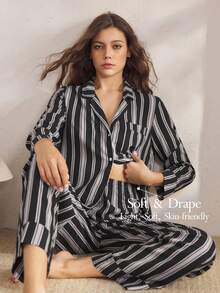 Ocili Bộ đồ ngủ nữ sọc cotton thoải mái, dễ chịu, thời trang thu đông, dễ mặc, quần áo thu đông - Xám - Xem 1