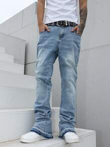 Manfinity EMRG 男士浅色水洗叠层喇叭牛仔裤，踝部拉链设计。修身长款牛仔裤，打造现代休闲风格。男士牛仔裤 - 淺色水洗藍 - 查看 5