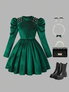 SHEIN Váy dài tay màu xanh ô liu dành cho bé gái tuổi teen - Màu xanh lá cây đậm - Xem 1