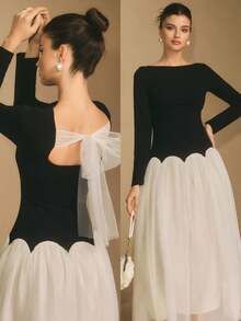 Poéselle Women's Mesh Patchwork Contrast Color Backless Elegant Long Sleeve Dress French Style Dress Women Clothing Elegant Dress Modest White Bow Back Dress Party Dress,Dresses For Women Elegant