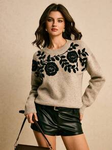 Poéselle 秋冬季休闲复古圆领长袖女式毛衣，女士套头毛衣，刺绣毛衣，秋季，女士秋装 - 駝色 - 查看 8