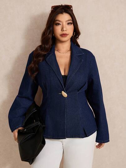 Elaquor Denim Suit With Metal Buckle Decoration, Long-Sleeved Fitted Shirt Old Money Style Women's Clothing