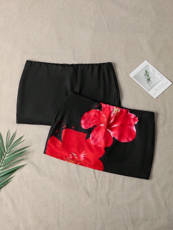 Attitoon 2pcs Chic & Sexy Versatile Dual Color Floral Print Mini Skirts, Suitable For Vacation, Beach, Spring Break, Back To School Season Suitable For Going Out Chic Dress