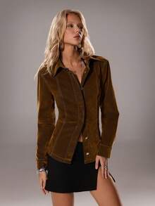TRNVIE 女士长袖单排扣休闲牛仔夹克，后腰带扣设计 - 棕色 - 查看 5