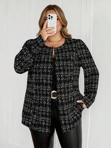SHEIN CURVE+ Plus Size Plaid Casual Jacket For Commuting, Autumn/Winter Fall - Black - View 6