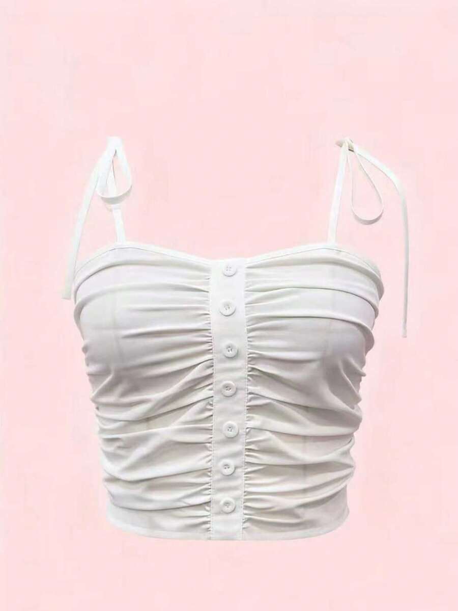 SHEIN EZwear 女士纯色褶饰前纽扣吊带背心 - 白色 - 查看 1