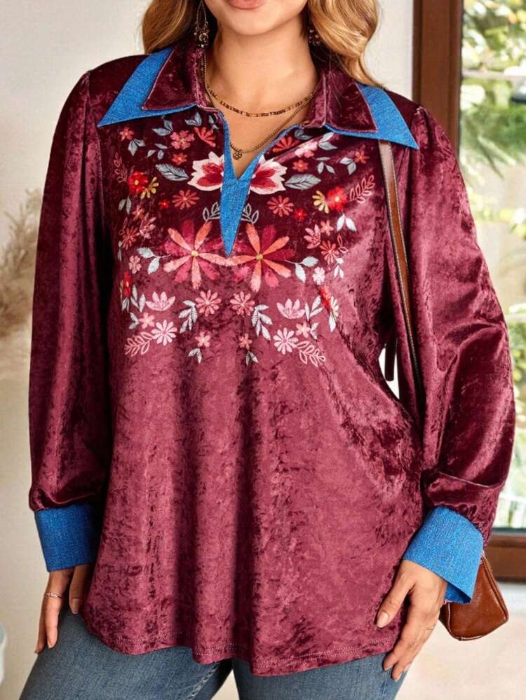 Plus Size Elegant Floral Print Blouse, Autumn Winter Cozy Fall And Winter Casual Blouse Country Style