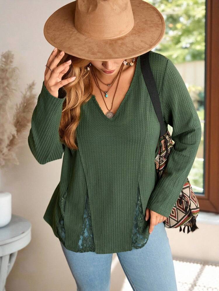 Plus Size Women Contrast Lace V-Neck Long Sleeve Casual Loose T-Shirt Winter For Women Cozy Fall And Winter For Women Casual Blouses For Ladies Country Style For Women Country Style For Women Country Concert