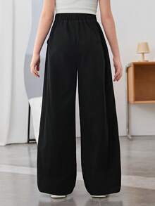 SHEIN Serisse Kids Tween Girls Woven Butterfly Placement Print Loose Wide Leg Black Casual Pants, Suitable For Spring Outing, Countryside, Garden Tea Party, Casual Outings, Back To School, Mommy And Me Matching Outfits - Black - View 6