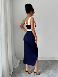 Rafferiza Asymmetric Fitted Bowknot Commuter Minimalist Style Dress For Women, Spring/Summer - Navy Blue - View 2