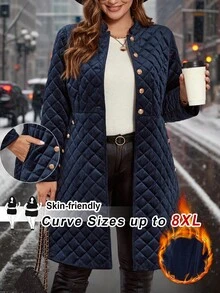SHEIN CURVE+ Women's Plus Size Velvet Padded Thick Button Pocket Elegant Jacket, Suitable For Autumn/Winter - Navy Blue - View 1