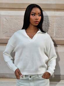 Mima John Women's Solid Color V-Neck Loose Oversize Sweater,Long Sleeve Tops Knit Pullover Fall Winter Outfit - White - View 1