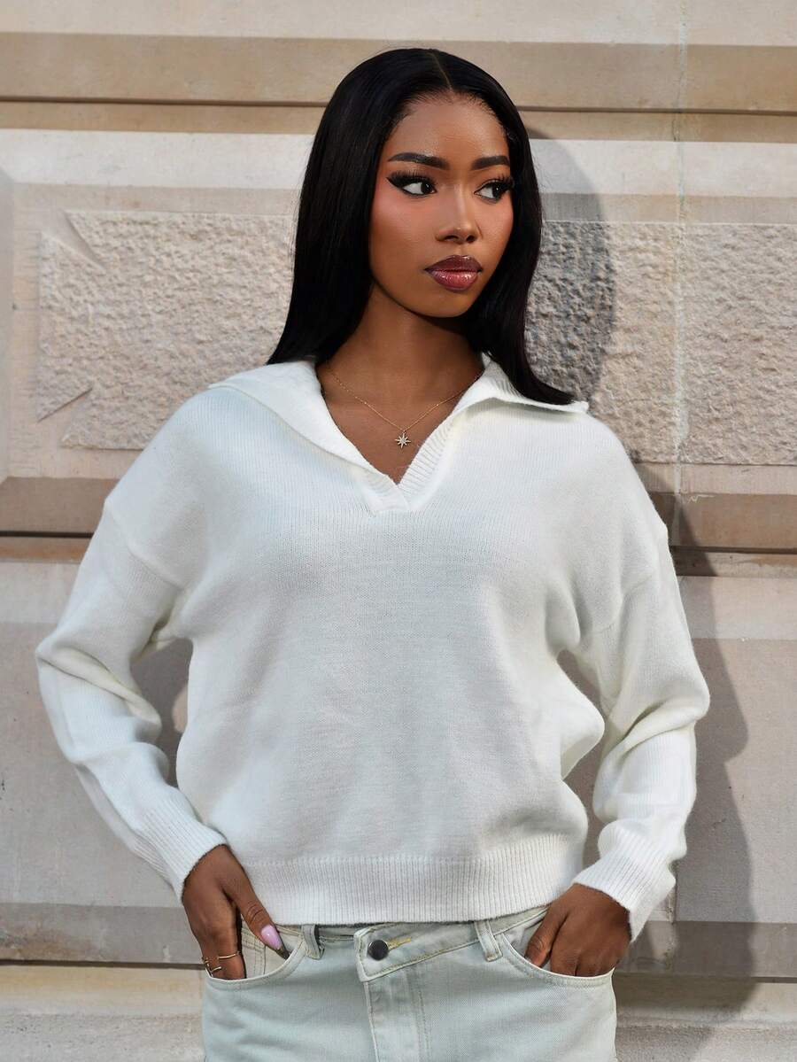 Mima John Women's Solid Color V-Neck Loose Oversize Sweater,Long Sleeve Tops Knit Pullover Fall Winter Outfit - White - View 1