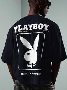 PLAYBOY X SUMWON Kaos Crop Fit Oversized Crew Neck dengan Motif Sampul Majalah Retro dan Logo Merek - Navy Blue - View 8