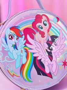 My Little Pony X SHEIN 1个PU皮革印花拼接手提包，配有长肩带，可斜挎，适合通勤、外出、旅行，可收纳钱包、小水瓶、个人物品，适合女性、青少年、暮光闪闪、云宝黛西、萍琪派 - 淡紫色 - 查看 6