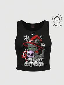 ROMWE Plus Size Gothic Dark Cute Cat Skull Print Holiday/Christmas Top, Black