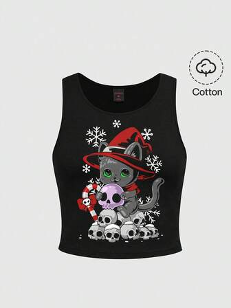 Goth Maglietta nera oversize con stampa gotica di teschio di gatto carino, adatta per vacanze/Natale