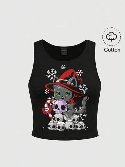 Plus Size Gothic Dark Cute Cat Skull Print Holiday/Christmas Vest, Black