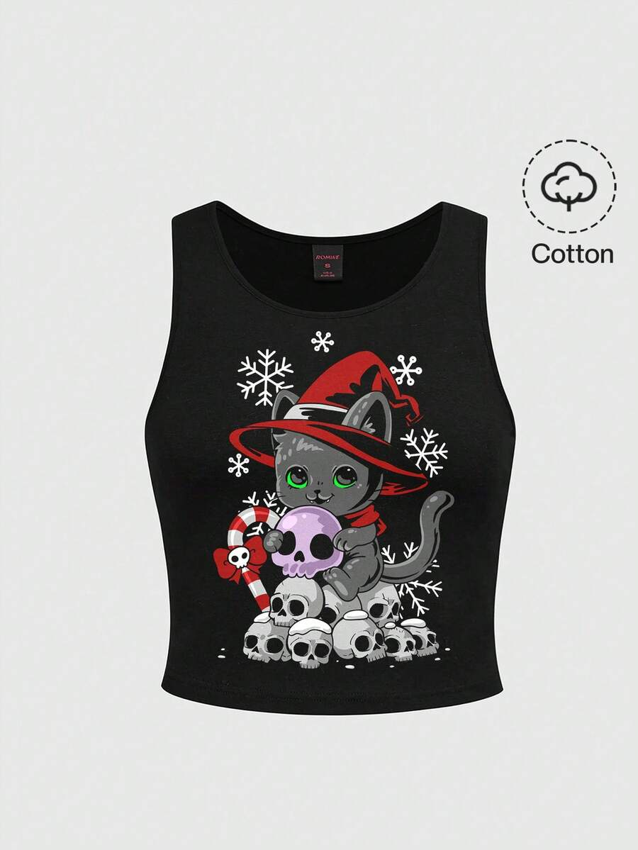 ROMWE Plus Size Gothic Dark Cute Cat Skull Print Holiday/Christmas Top, Black
