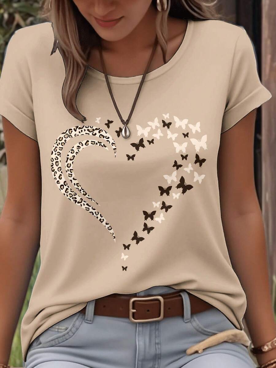 SHEIN LUNE Leopard Print, Heart & Butterfly Pattern Crew Neck Short Sleeve Plus Size T-Shirt - Khaki - View 1