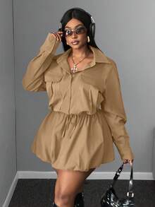Maweii 2 delar plus size kvinnor casual outfit - kragejacka och hög midja plisserad kjol set, lämplig för arbete och vardagsbruk, höst/vinter - Kaki - Visa 6