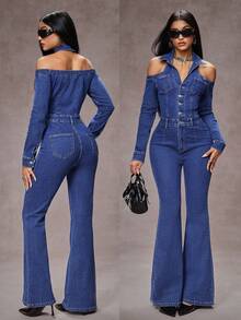 Jeanoix Women's Off-Shoulder Long Sleeve Button Half-Placket Fashionable Flared Denim Jumpsuit - Blue - View 8