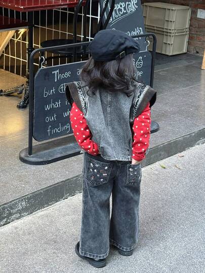 DAZY 女婴韩版休闲水洗碎花刺绣长款牛仔春季女童服装