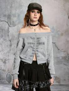 ROMWE Avant Letter Print Off Shoulder Cropped Loose Knit Sweatshirt - Light Grey - View 7