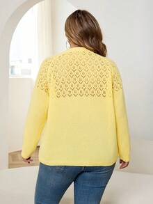 SHEIN CURVE+ Plus Size Women's Round Neck Hollow-Out Knit Top With Sheer Back Bow Decor Plus Size Pullover Sweater, Yellow/Winter - Yellow - View 2
