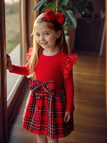 SHEIN Camiseta de punto acanalado con volantes de malla y estampado de estrella en contraste para niña, rojo para Navidad. - Rojo - Ver 8