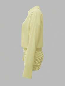 Cévolie 2025 Women's Solid Color Drop Shoulder Long Sleeve Single-Breasted Pleated Fashionable Mini Dress - Pale Yellow - View 3