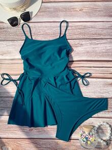 Swim Lushoire Women's Solid Color Side Tie Tankini Top With Swim Shorts, Vacation - Teal Blue - View 4