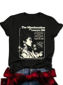 EMERY ROSE 白色印花流行图案女式圆领修身短袖T恤 - 黑色 - 查看 1