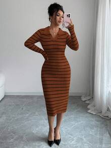 Elenzga 女士秋冬新款V领时尚优雅修身经典条纹针织长袖毛衣裙，适合日常通勤穿着。 - 鏽棕色 - 查看 4