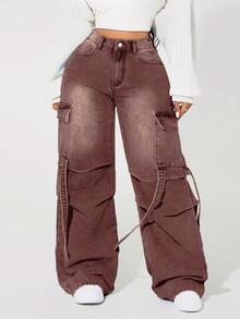 SHEIN Tall CURVE 大码休闲水洗高腰工装牛仔裤 - 藍色 - 查看 6