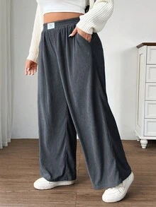 SHEIN EZwear Plus Size Women's High Waist Loose Fit Wide Leg Pants, Rose Red Corduroy Fabric With Pockets And Patch Design, Suitable For Campus, Daily Wear, And Indoor Work, Autumn/Winter Comfy Pants Gray Pants Corduroy Pants - Dark Grey - View 8