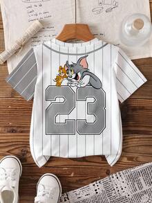 TOM & JERRY X SHEIN 小男孩夏季条纹卡通图案 T 恤 - 白色 - 查看 2