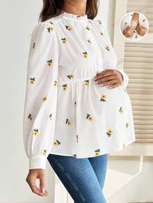 SHEIN Nursing Raglan Long Sleeve Ruched Stand Collar Sunflower All-Over Print Ruffle Hem Top