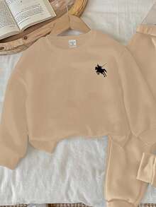 男婴针织柔软休闲经典骑士图案印花圆领套头卫衣套装，加厚设计，适合秋冬季穿着 - 卡其色 - 查看 4