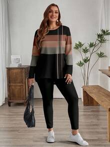 EMERY ROSE 2 peças Conjunto de Camiseta de Manga Longa com Estampa Listrada e Calça de Ioga Plus Size Feminino, Casual para Outono/Inverno - Multicolorido - Visão 4