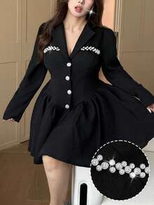 Flirla Plus Size Women's Autumn/Winter Turndown Collar Long Sleeve Ruched Faux Diamond Faux Knit Decor Elegant Vintage Casual Commuter Dress - Black - View 4