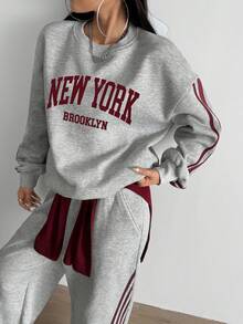 Aidyla 2 件套撞色条纹羊毛连帽衫，时尚街头风格 - 灰色 - 查看 7