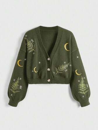 J-Fashion Women's Plant & Moon Embroidery Single-Breasted Casual Loose Cardigan With Drop Shoulders, Long Sleeve