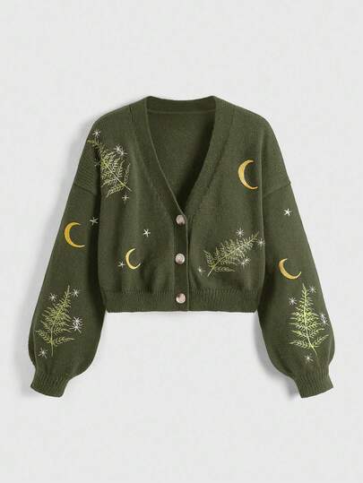 J-Fashion Women's Plant & Moon Embroidery Single-Breasted Casual Loose Cardigan With Drop Shoulders, Long Sleeve