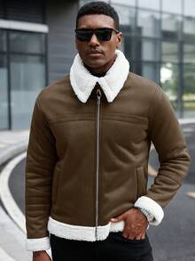 Manfinity CasualCool 男士撞色拉链休闲长袖夹克，带保暖内衬，秋冬男士外套，男士夹克，冬季男士保暖内衬夹克，男士羊羔绒夹克 - 巧克力棕 - 查看 5