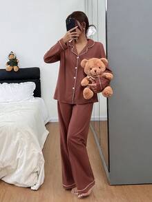 Snug Zone 女士新款格子印花休闲长袖睡衣套装，秋冬款 - 棕色 - 查看 5